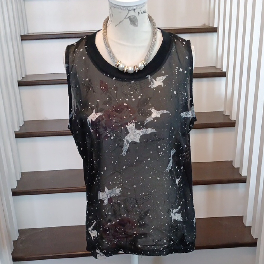 # Moon Collection Black Sheer Hi-Low Top w Bird Print